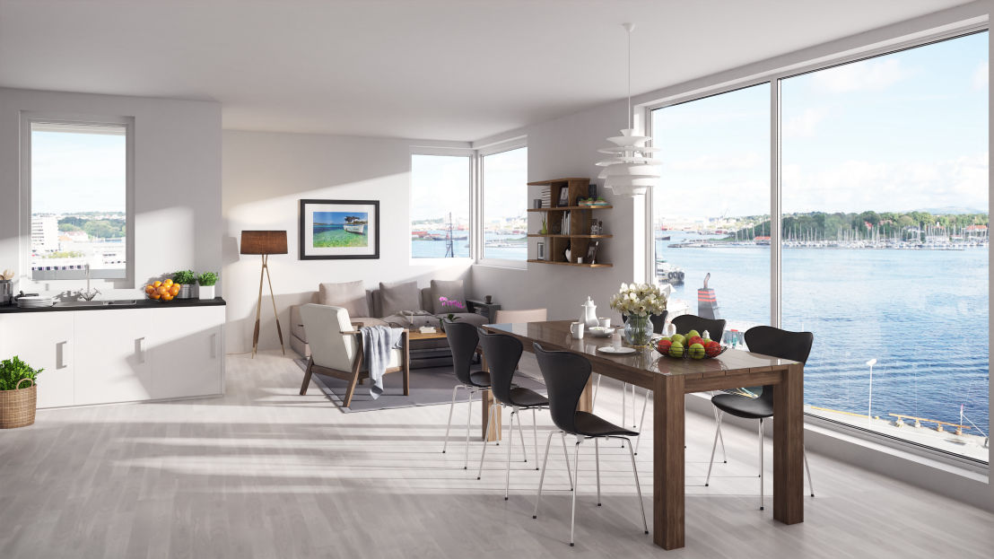 Lys og åpen leilighet med store vinduer